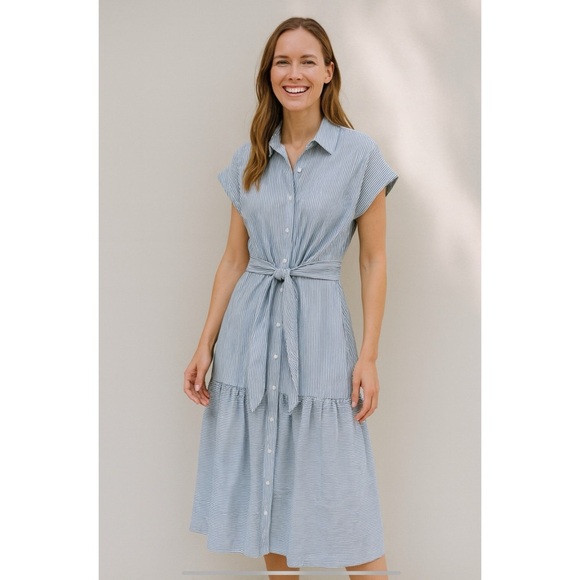 FINLEY STRIPED TIE WAIST COTTON BLEND MIDI SHIRTDRESS COASTAL NAUTICAL A LINE LG - Picture 1 of 12